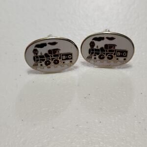 Vintage Oval Train Engine Locomotive Black‎ Red White & Gold Cufflinks